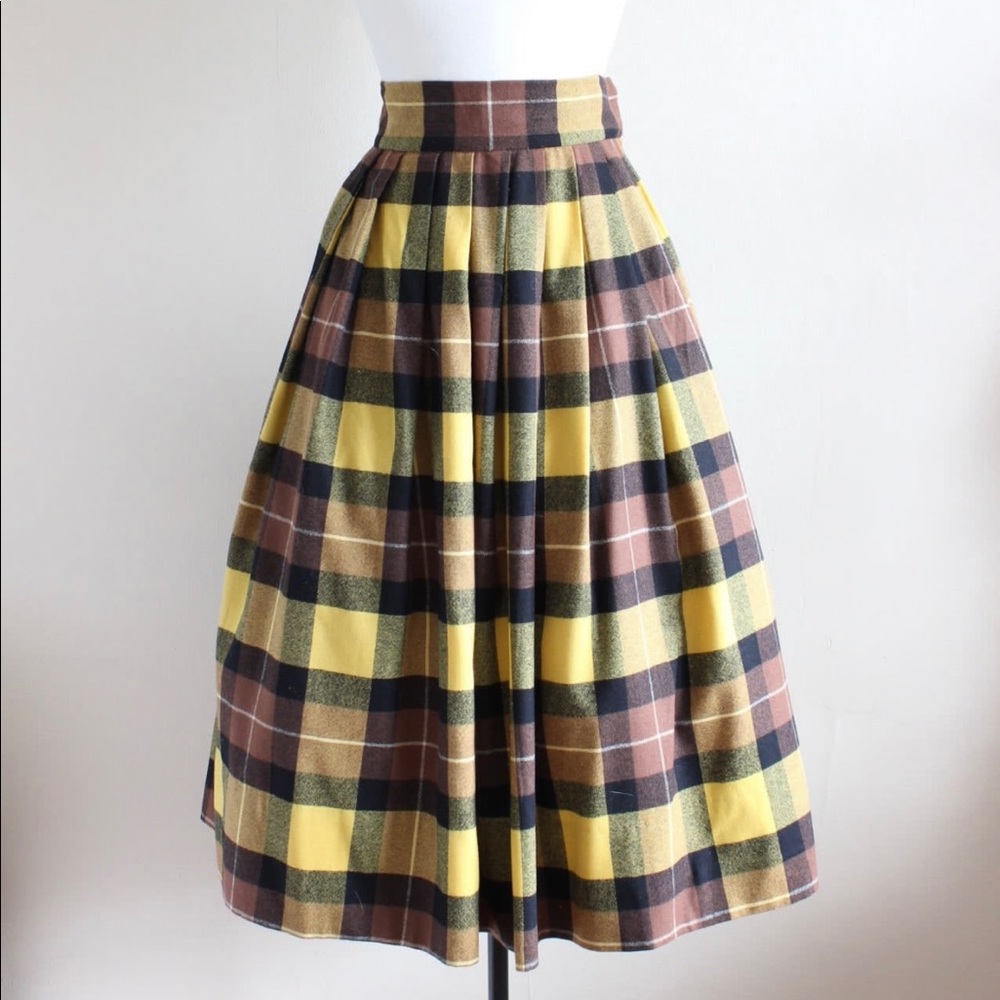 1950s Wool Plaid Pleated Midi Skirt